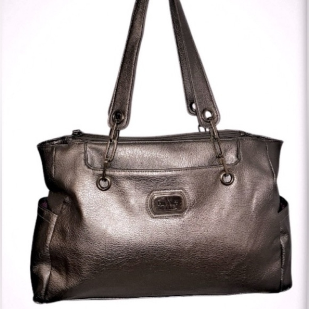 NICOLE MILLER Vegan Leather Double Strap Shoulder Satchel Bag Lite Metallic Gold